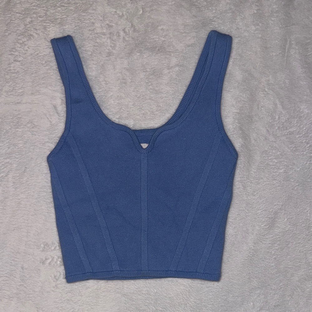 Aerie Ribbed Blue Crop Tank Top XS Structured Seam Fitted